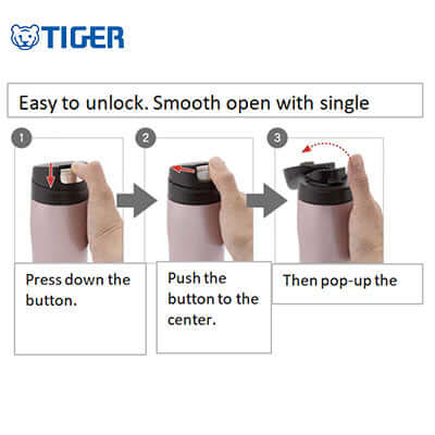Instructions for using Tiger Stainless Steel Tumbler MJC-A for easy unlocking and smooth opening.