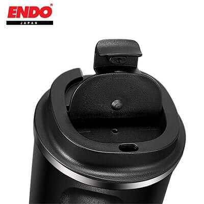 ENDO 500ML Double Stainless Steel Thermal Coffee Mug top view showing Flip-to-Open mechanism for direct drinking.