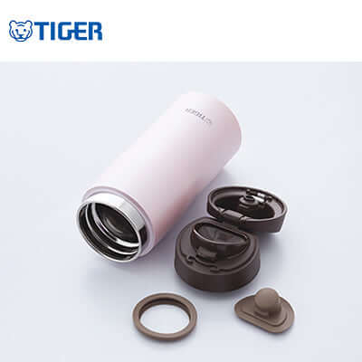 Tiger Flip Cap Stainless Steel Thermal Bottle MJE-A with cap and gasket components on display.