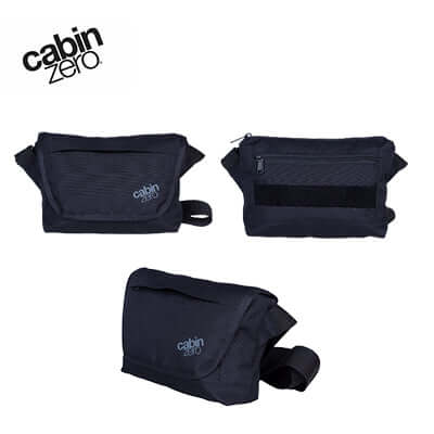 Cabinzero Flapjack Shoulder Bag 4L in black, featuring multiple compartments and lightweight design, ideal for travel.