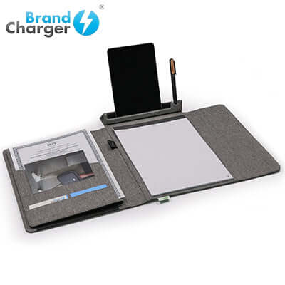 BrandCharger Eco Noty Folio showcasing a sustainable design with laptop compartment, notepad, and pen holder.