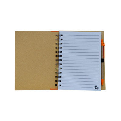 Eco-Friendly Notebook with Pen Set open showing lined pages and pen, ideal as a corporate gift.