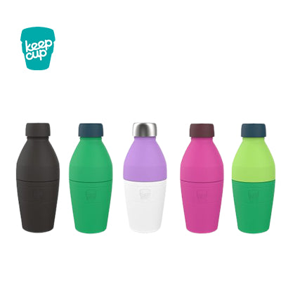 KeepCup Thermal Bottle 18oz collection with various colors including black, green, purple, pink, and green.