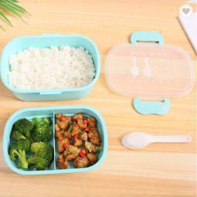 Eco Wheat Straw Food Container with Compartment in blue, featuring rice, broccoli, and chicken.