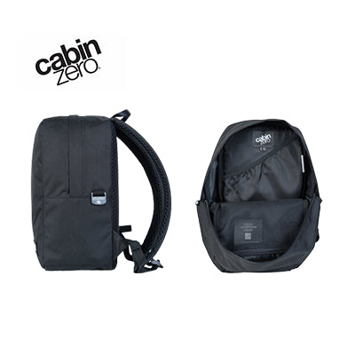 Cabinzero Classic Flight Backpack 12L showing black exterior and organized interior, ideal for travel and corporate gifts.