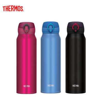 Thermos 750ml Ultra-Light One Push Tumbler in pink, blue, and black colors.