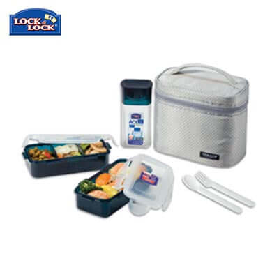 Lock & Lock 2-tier BPA Free Lunch Box and Water Bottle Set displayed with lunch containers and utensils.