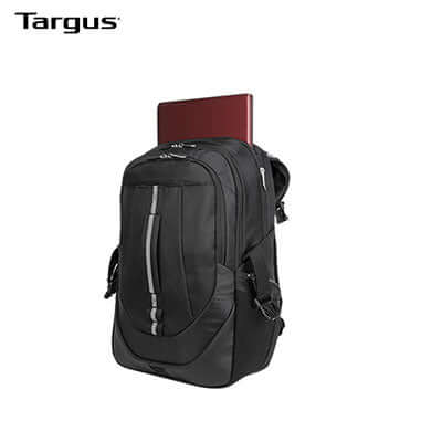 Targus 17.3” Voyager II Backpack with a laptop tucked inside, ideal for corporate gifts.