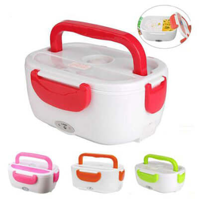 Electric Food Warmer Lunch Box in various colors with a red handle, perfect for warming meals on the go.
