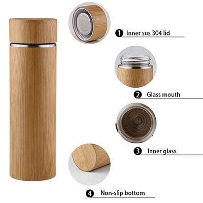 Eco Friendly BPA Free Bamboo Glass Water Bottle with bamboo exterior, non-slip bottom, and glass interior.