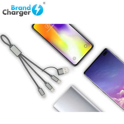 BrandCharger Trident 3-in-1 Cable connecting smartphones and devices for versatile charging solutions.