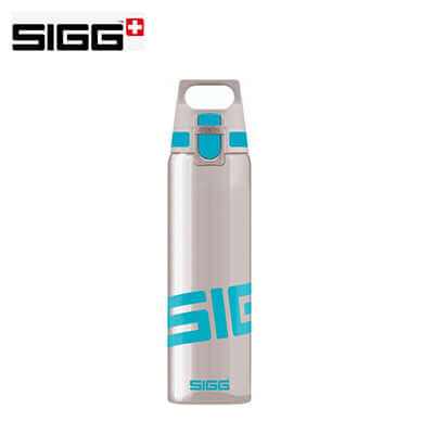 SIGG Total Clear One 750ml Water Bottle in silver with a turquoise design, ideal corporate gift for hydration.