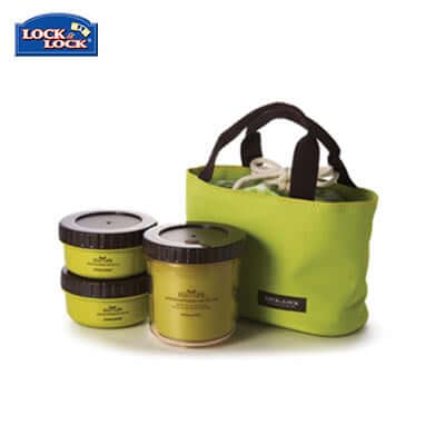 Lock & Lock 3 Pieces Rounded Lunch Box Set including green carrying bag and BPA-free containers.
