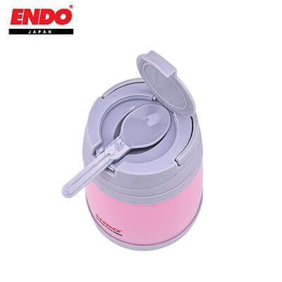 ENDO 500ml Double S/S Vacuum Food Jar with lid open and spoon displayed, ideal corporate gift.