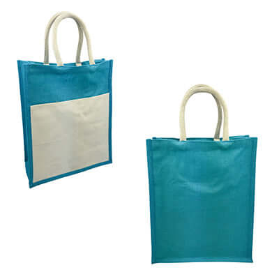 Eco Friendly Jute Tote Bag with Canvas Pocket showcasing its vibrant design and spacious canvas pocket.