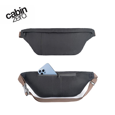 Cabinzero Classic Hip Pack 2L in black showcasing front and back views, ideal for travel and everyday use.