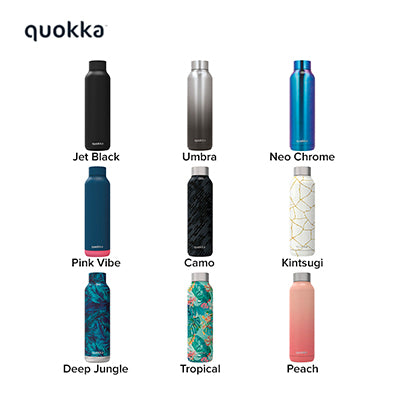Quokka 630ml Stainless Steel Bottle Solid in various colors: Jet Black, Umbra, Neo Chrome, Pink Vibe, Camo, Kintsugi, Deep Jungle, Tropical, and Peach.