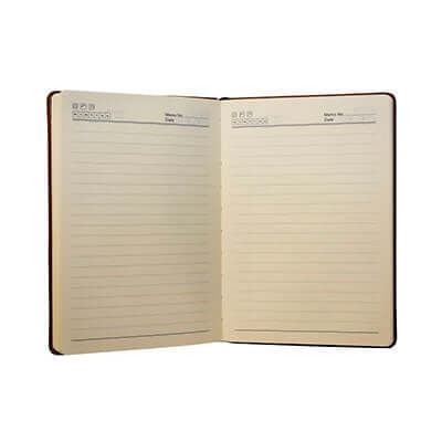 A5 Saddle Stitched PU Notebook open to show blank lined pages for writing notes and ideas.