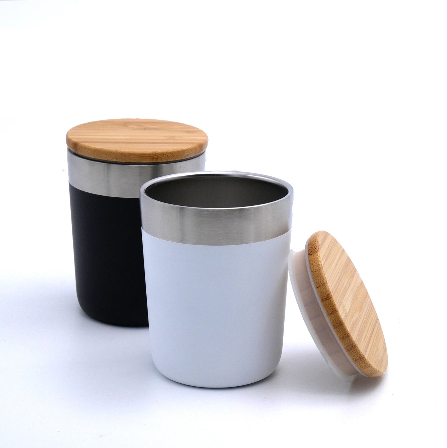 Vacuum Coffee Tumbler with Bamboo Lid in black and white with bamboo lids, perfect for daily coffee and corporate gifts.