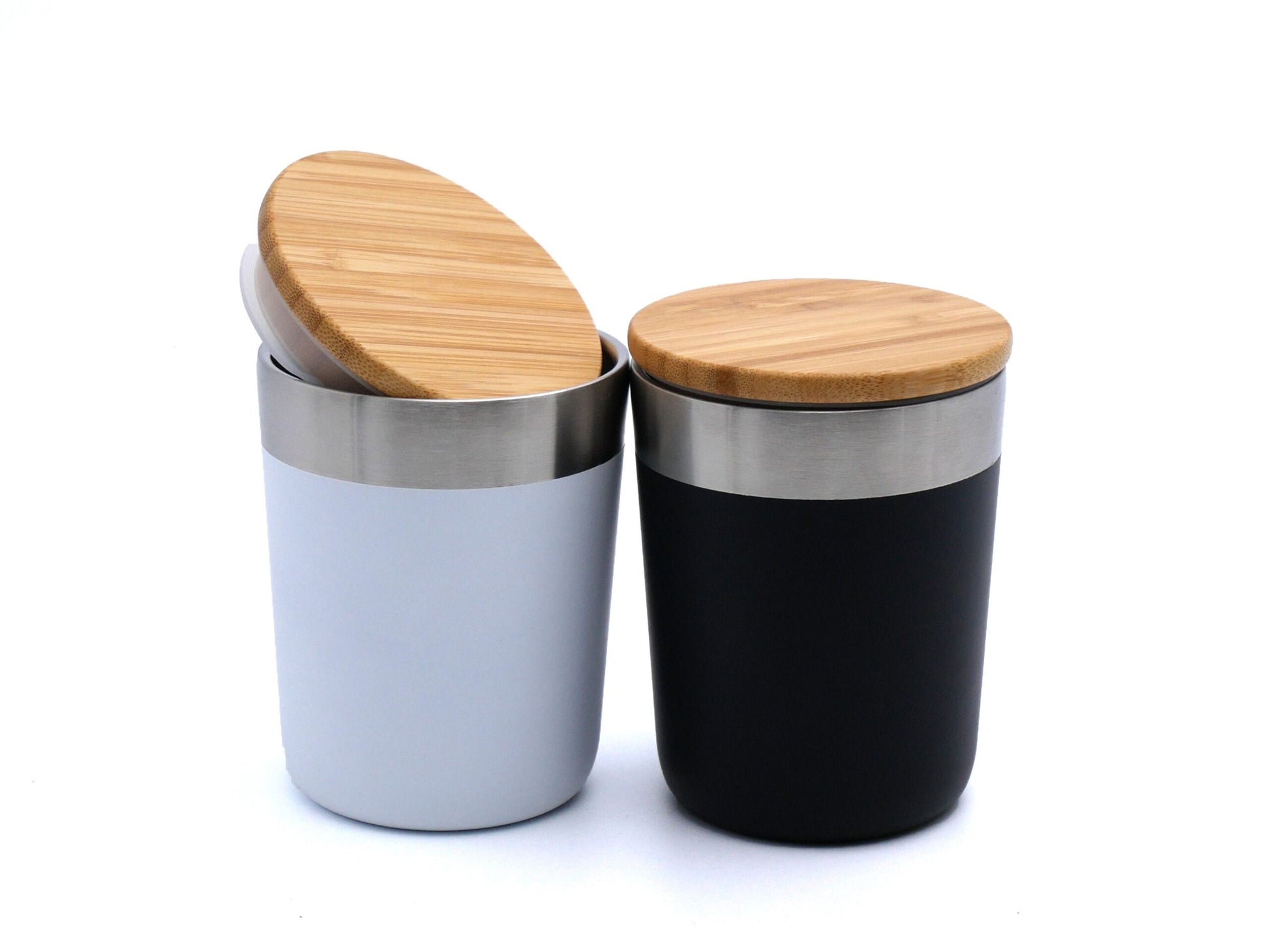 Vacuum Coffee Tumbler with Bamboo Lid in black and white with bamboo lids, perfect for corporate gift.