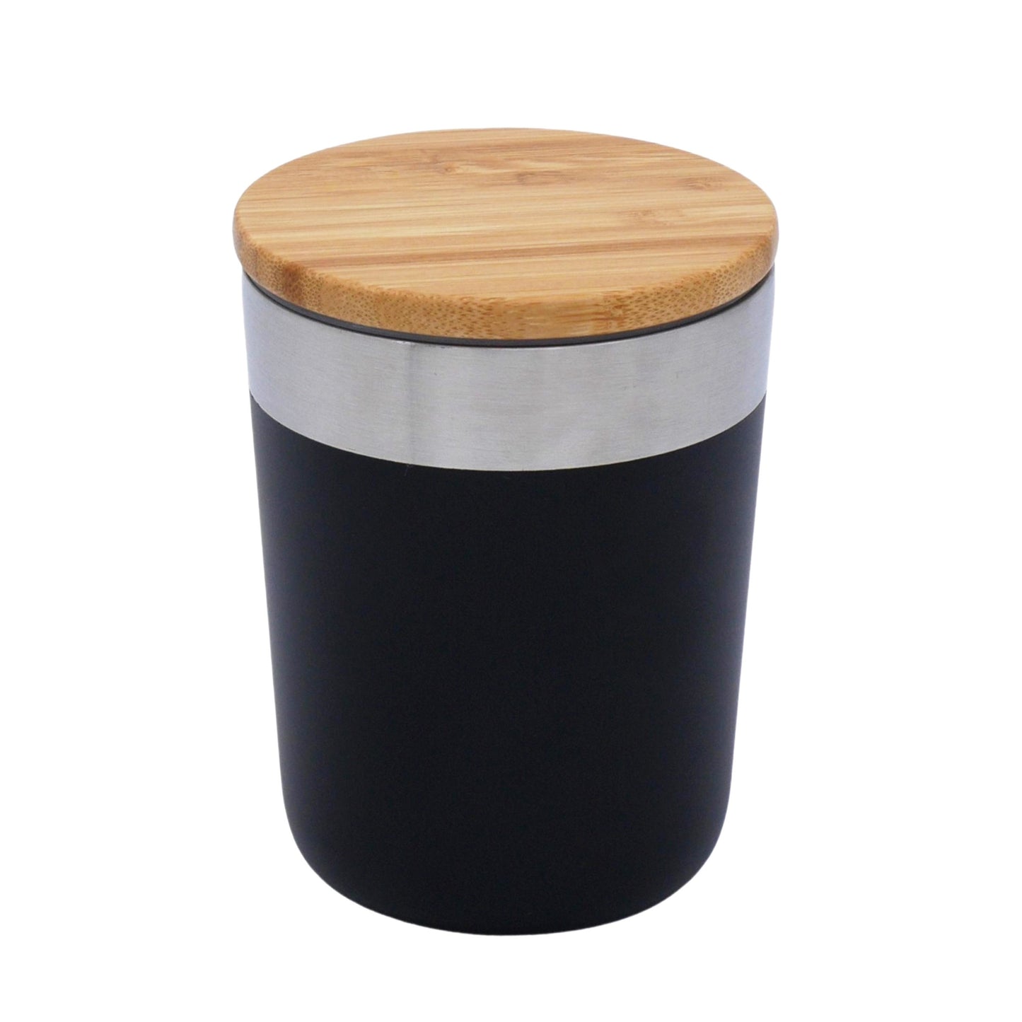 Vacuum Coffee Tumbler with Bamboo Lid in black with bamboo top, ideal for corporate gift.