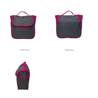 2 Tone Nylon Toiletries Bag shown from front, back, and side views, highlighting its spacious design and travel-friendly features.