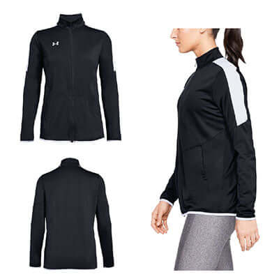 Under Armour Rival Knit Jacket in black, showcasing side and front views, perfect for activewear and corporate gift.