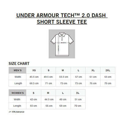 Size chart for Under Armour Tech™ 2.0 Dash Short Sleeve Tee with men's and women's dimensions.