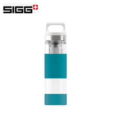 SIGG Hot & Cold Glass WMB Thermo Bottle 0.4 l in teal and white for keeping drinks at desired temperatures.