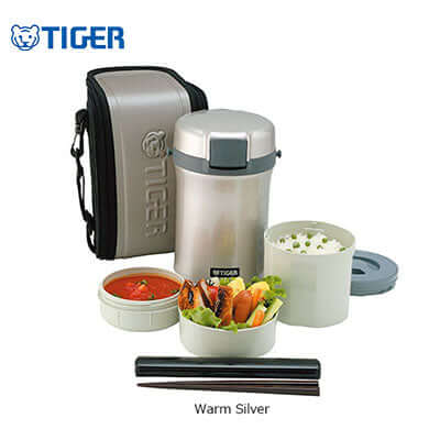 Tiger Lunch Box 3 Containers with Carrier LWU-B in Warm Silver with food and chopsticks.