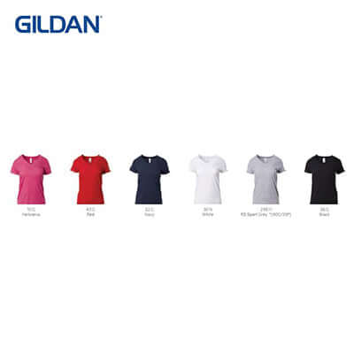 Various colors of Gildan Cotton Ladies V-Neck T-Shirt, including pink, red, navy, white, gray, and black.