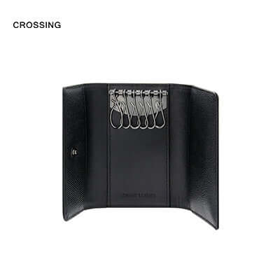 Crossing Elite Leather Key Holder With Card Pockets featuring 6 key rings and a sleek black design.