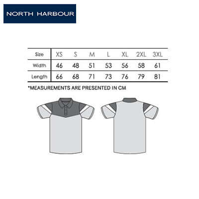 Size chart for North Harbour 2900 Adley Polo T-Shirt showing width and length in CM.