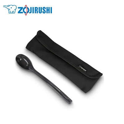 ZOJIRUSHI Stainless Steel Food Jar Set 0.75L utensils in black pouch for easy on-the-go dining.