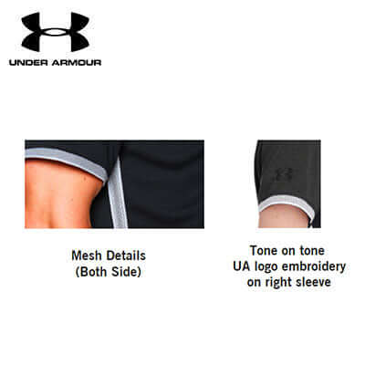 Under Armour Corp Rival Polo Shirt featuring mesh details and UA logo embroidery on right sleeve.