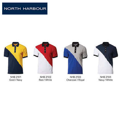 North Harbour 2100 Georgia Polo T-Shirt in various colors including Gold/Navy, Red/White, Charcoal/Royal, and Navy/White.