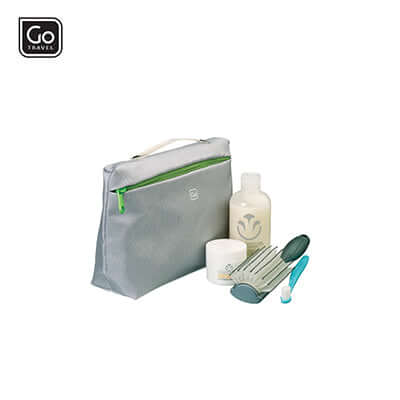 Go Travel Wash Bag with toiletries and cosmetics organized, perfect for compact luggage solutions.