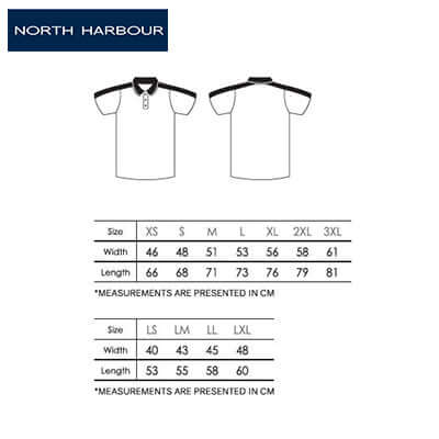 Size chart for North Harbour 2500 Muller Polo T-Shirt, detailing measurements for various sizes, perfect for corporate gifts.