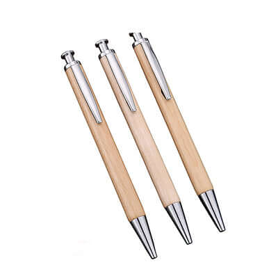 Eco Friendly Wood Ball Pen trio with natural wood finish and silver accents, perfect for corporate gifts.