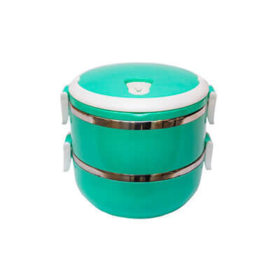 Round-shaped Stainless Steel Lunch Box in vibrant green color with a 2-tier design and innovative safety lock.