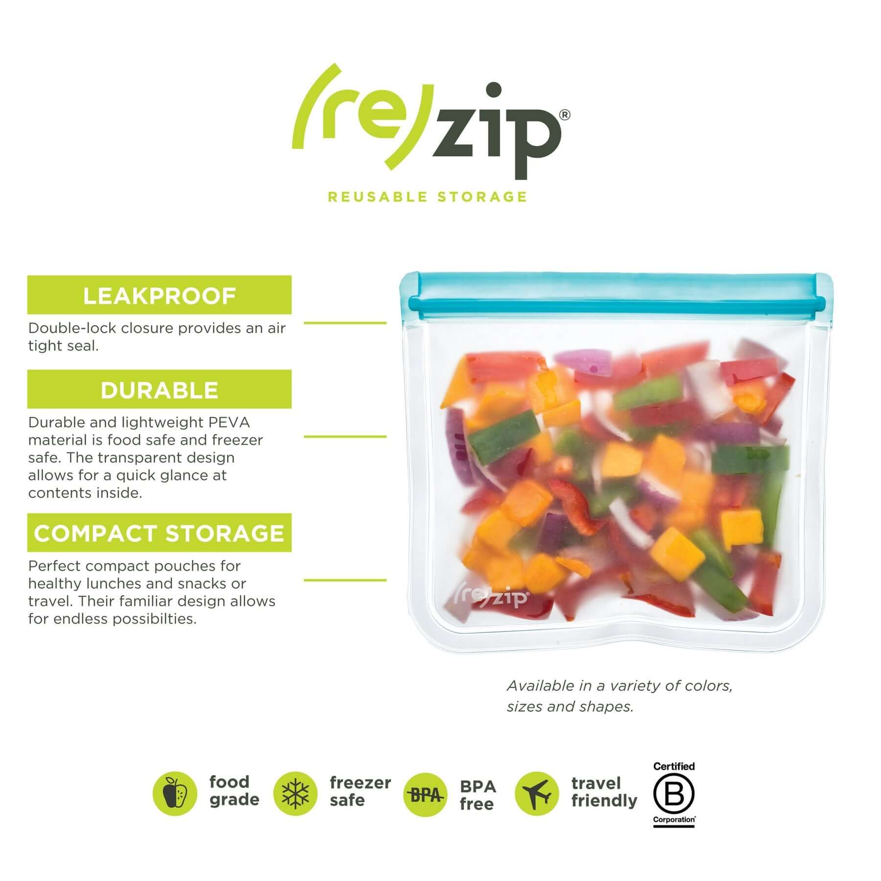 Rezip 5-piece Lay-Flat Starter Leakproof Reusable Storage Bag Kit - multicolor with colorful snacks inside