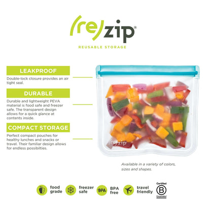 Rezip 5-piece Lay-Flat Starter Leakproof Reusable Storage Bag Kit - multicolor with colorful snacks inside