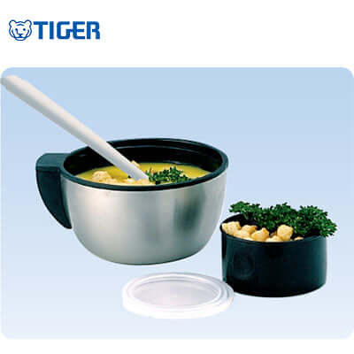 Tiger Food Stainless Steel Jar with Bag MCW-P, vacuum-insulated jar with spoon and container.