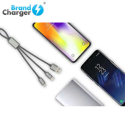BrandCharger Trident Aluminium Charging Cable with mobile devices and power bank.