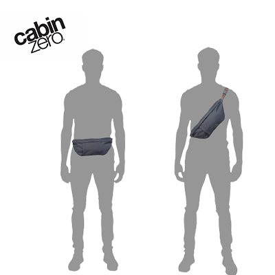 Cabinzero Classic Hip Pack 2L shown on silhouettes, demonstrating versatile wearing styles, ideal corporate gift.