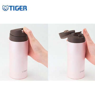 Tiger Flip Cap Stainless Steel Thermal Bottle MJE-A showcasing one push open feature and ergonomic design.