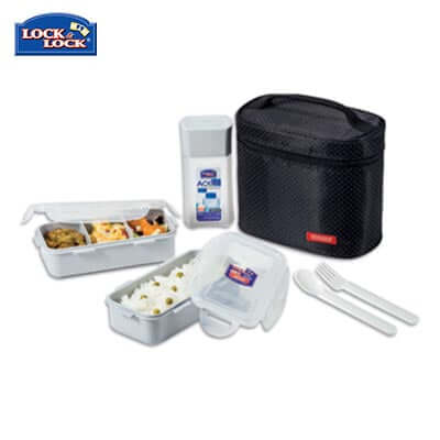 Lock & Lock 2-tier BPA Free Lunch Box and Water Bottle Set with carrying bag and utensils.