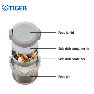 Tiger Lunch Box LXB-A100 with food jar and side dish containers, perfect for keeping meals hot.