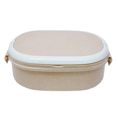 Oval Wheat Fiber Lunch Box with spoon in eco-friendly wheat fiber material, suitable for meal storage.