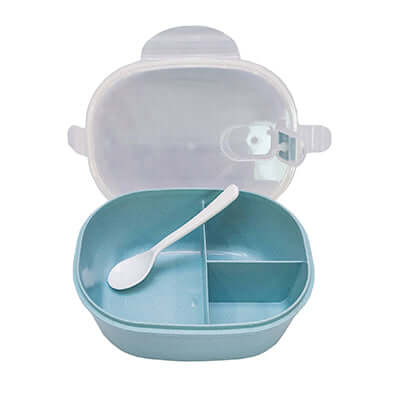 Eco Friendly Wheat Straw Food Container with Spoon open with spoon and divided sections for meal storage.